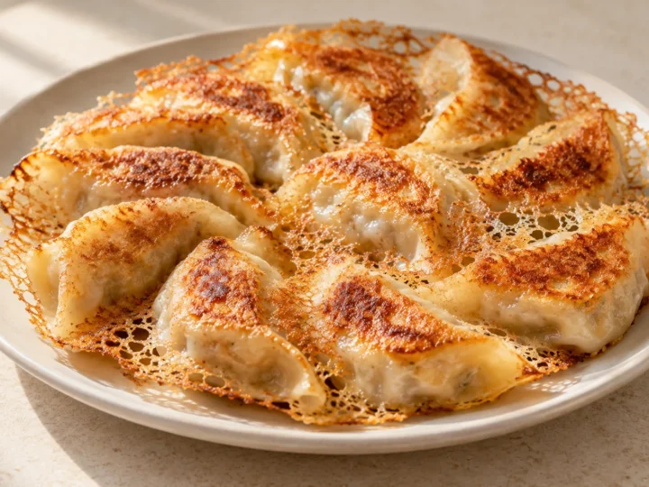 Chicken potstickers with a crisp skirt served ready to eat.