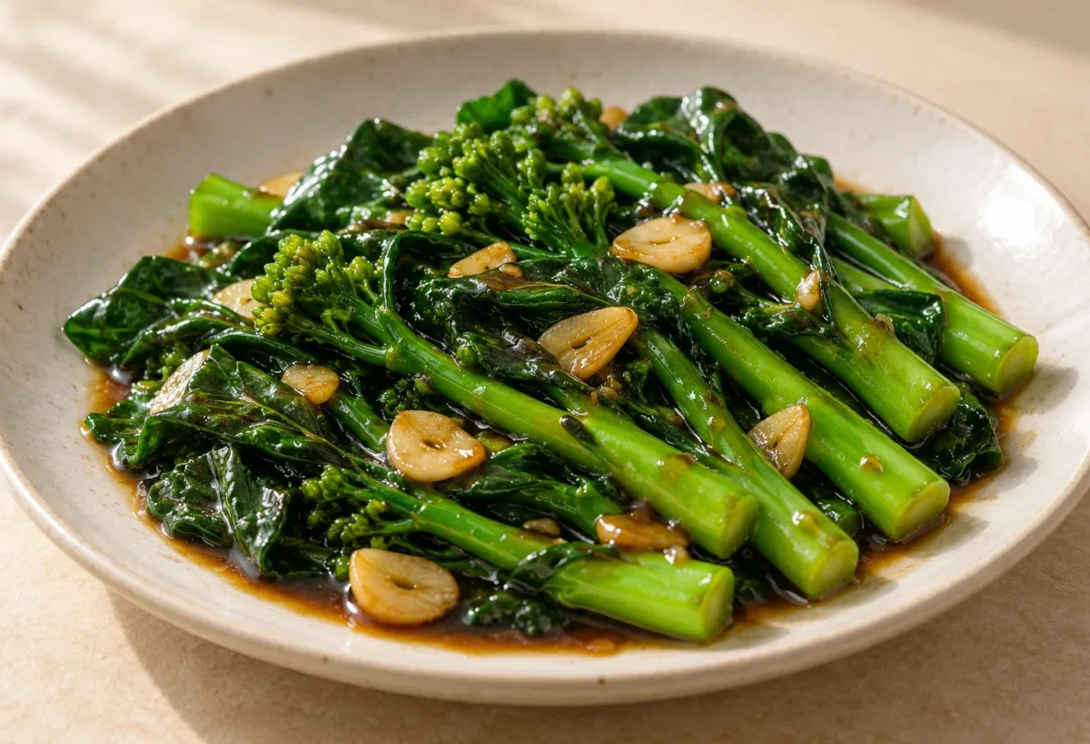 Chinese broccoli with oyster sauce served ready to eat.