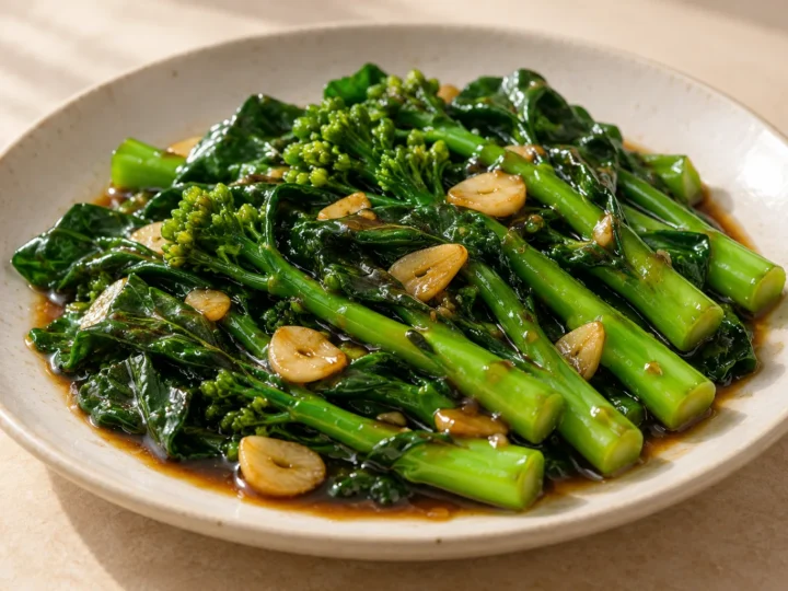 Chinese broccoli with oyster sauce served ready to eat.