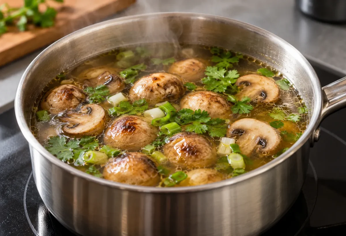 Clear button-mushroom soup.