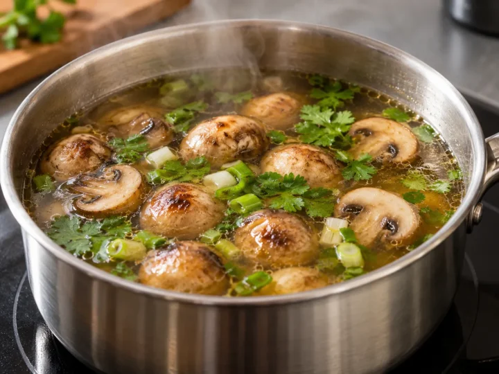 Clear button-mushroom soup.