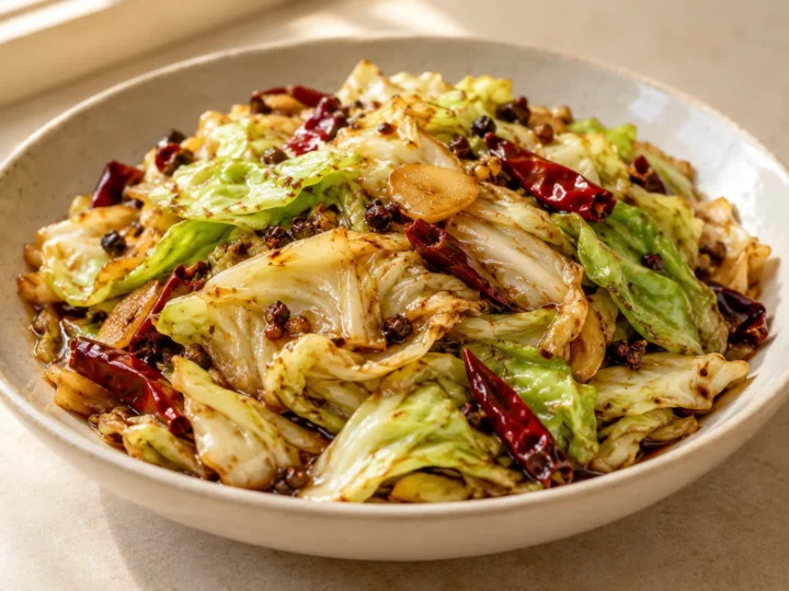 Hand-torn cabbage stir-fry served ready to eat.