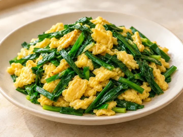 Chinese chives and eggs served ready to eat.