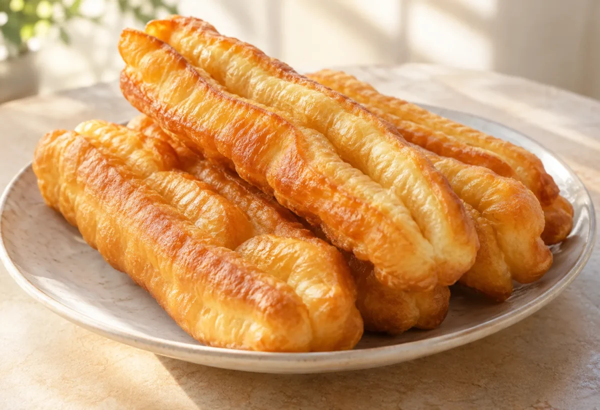Youtiao breakfast dough sticks served ready to eat.