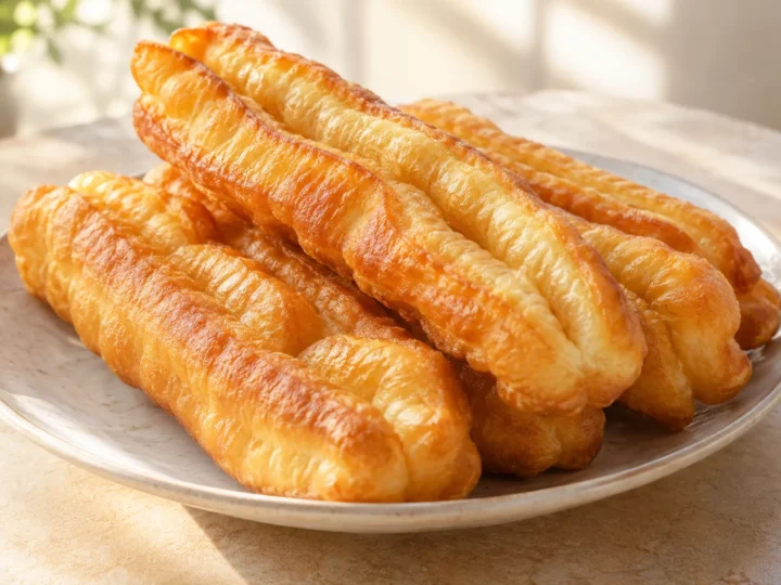 Youtiao breakfast dough sticks served ready to eat.