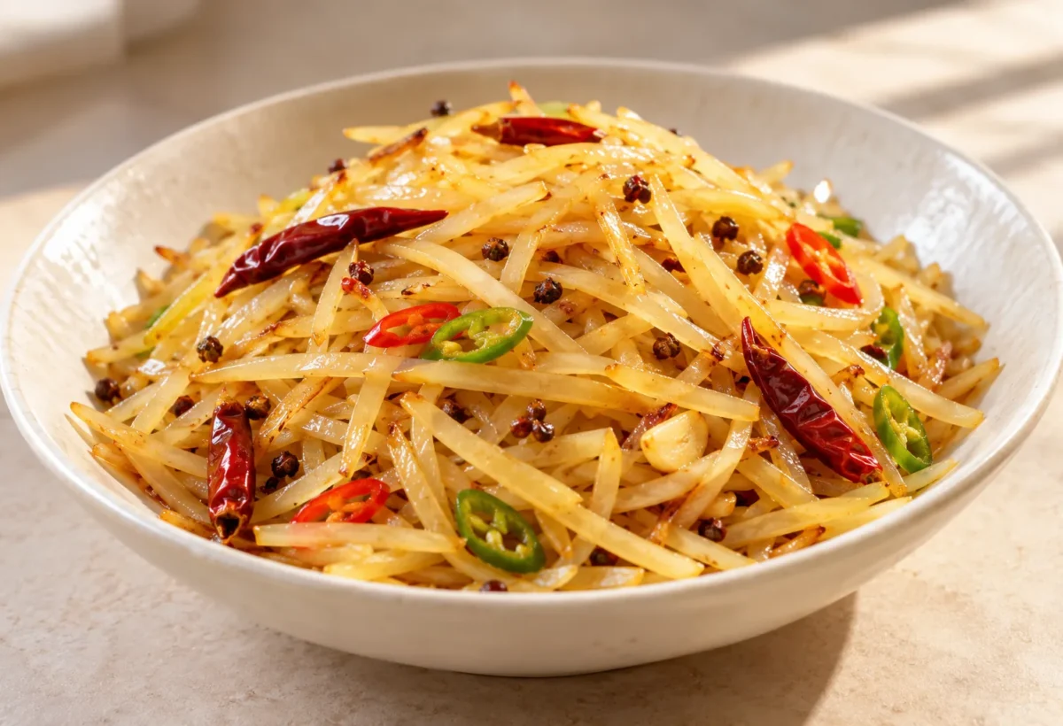 Crunchy shredded potato stir-fry served ready to eat.