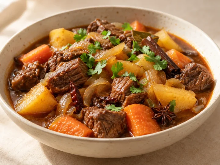 Chinese-spiced beef and potato stew served ready to eat.