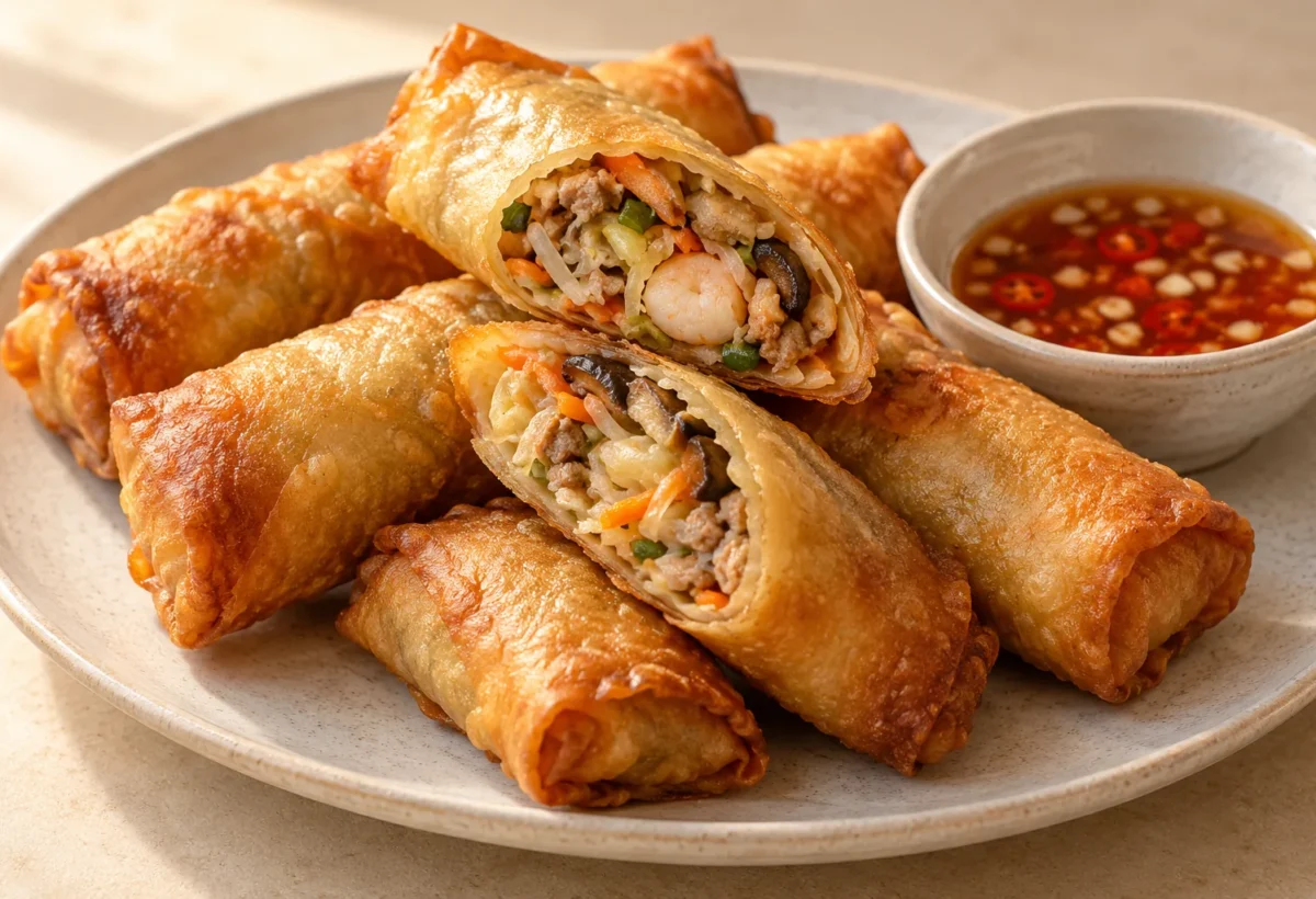 Crisp Chinese spring rolls served ready to eat.
