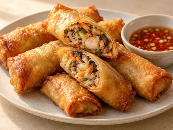 Crisp Chinese spring rolls served ready to eat.