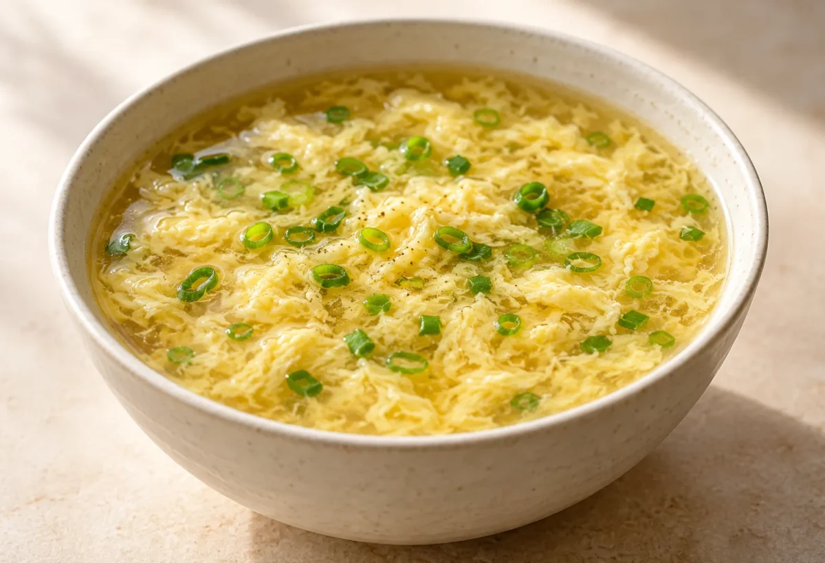 Classic egg-drop soup served ready to eat.