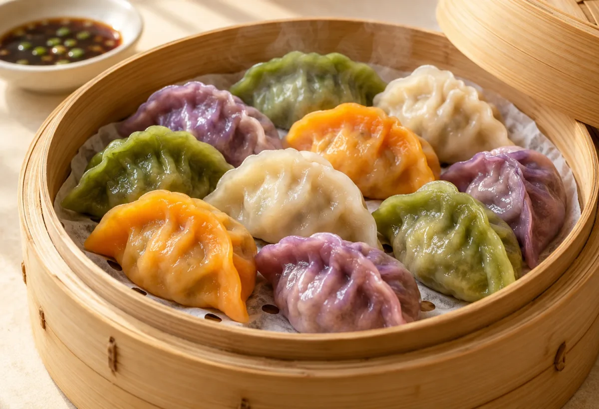 Naturally colourful dumplings served ready to eat.