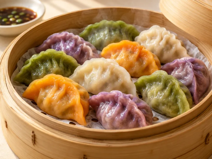 Naturally colourful dumplings served ready to eat.
