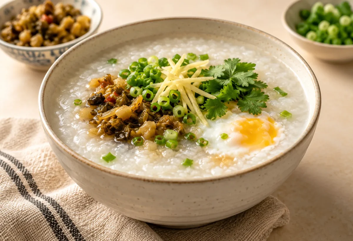 Plain rice congee served ready to eat.