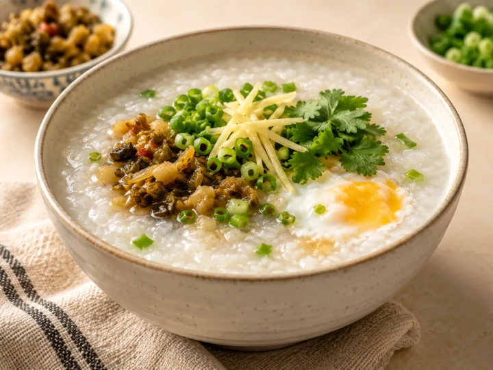 Plain rice congee served ready to eat.