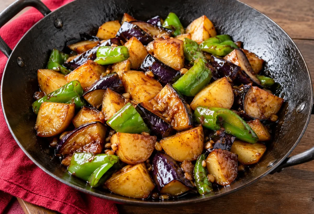 Aubergine, potato and pepper stir-fry.