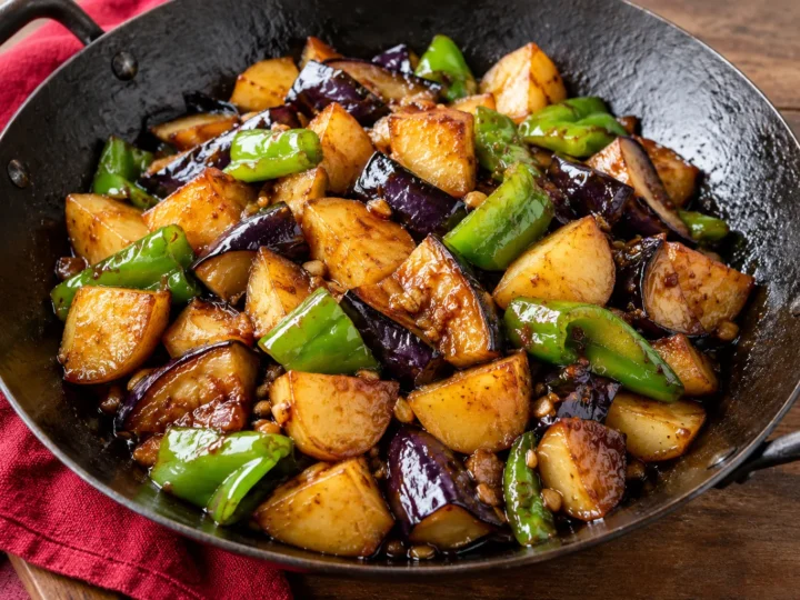 Aubergine, potato and pepper stir-fry.