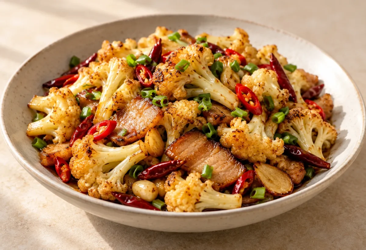 Dry-pot cauliflower served ready to eat.