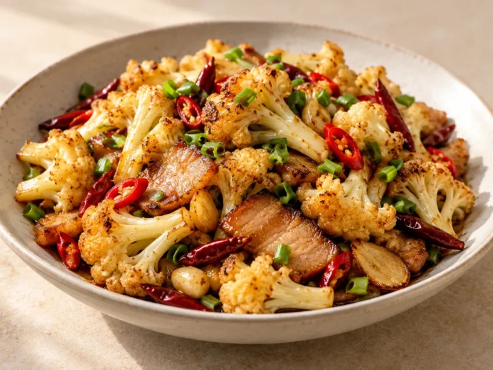 Dry-pot cauliflower served ready to eat.