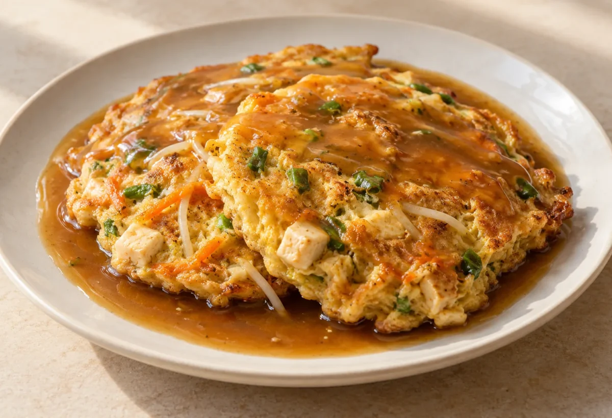 Egg foo young served ready to eat.