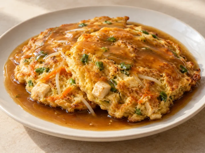 Egg foo young served ready to eat.