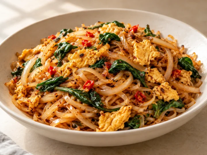 Egg-fried rice noodles served ready to eat.
