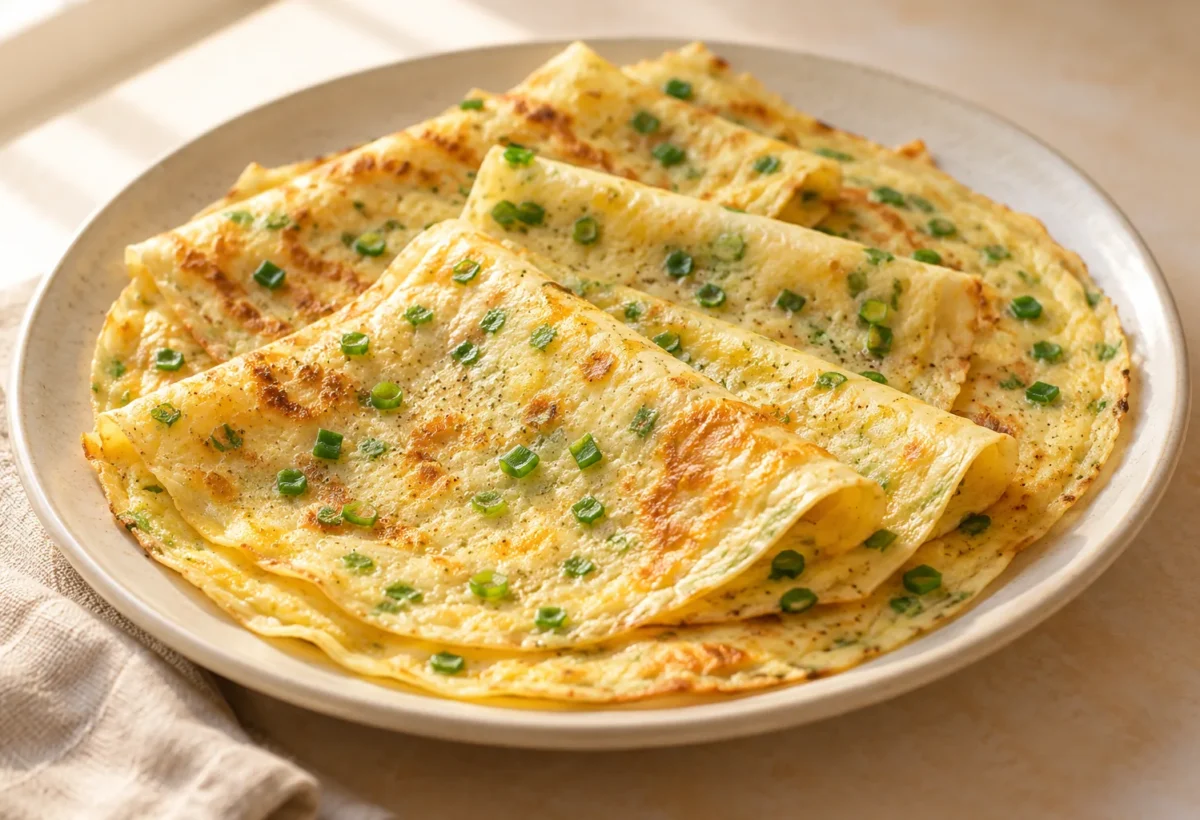 Egg and spring-onion crepes served ready to eat.