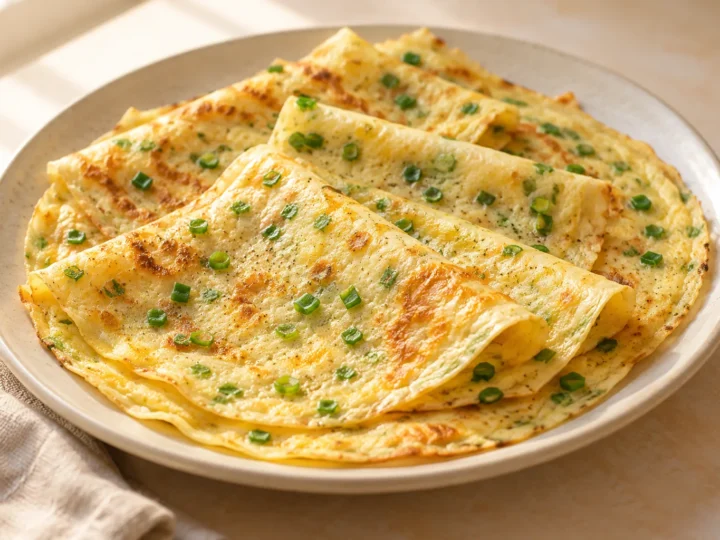 Egg and spring-onion crepes served ready to eat.