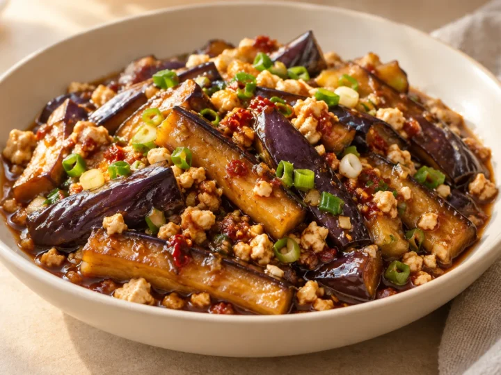 Sichuan aubergine in garlic sauce served ready to eat.
