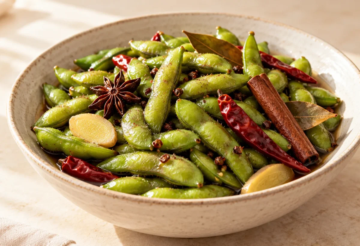 Five-spice edamame served ready to eat.