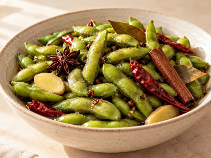 Five-spice edamame served ready to eat.