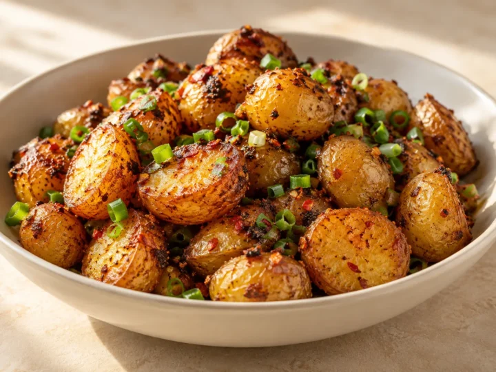 Crisp five-spice potatoes served ready to eat.