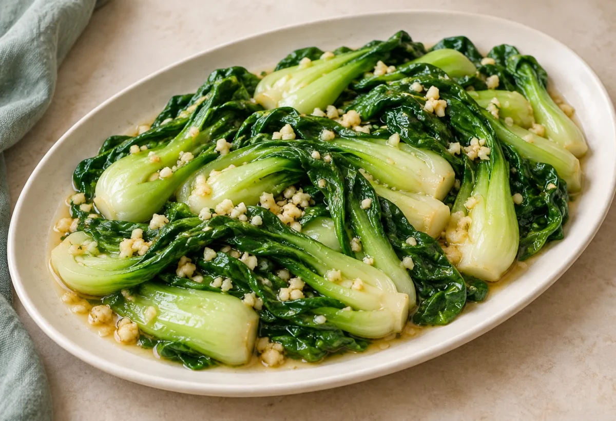 Garlic pak choi served ready to eat.