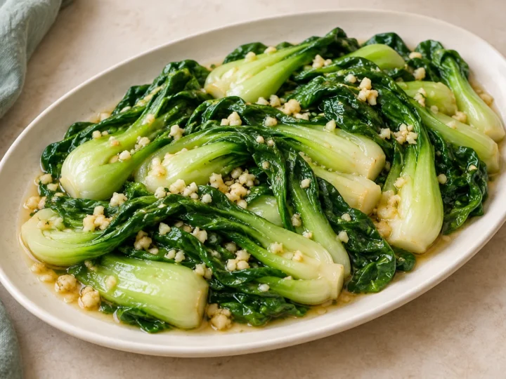 Garlic pak choi served ready to eat.