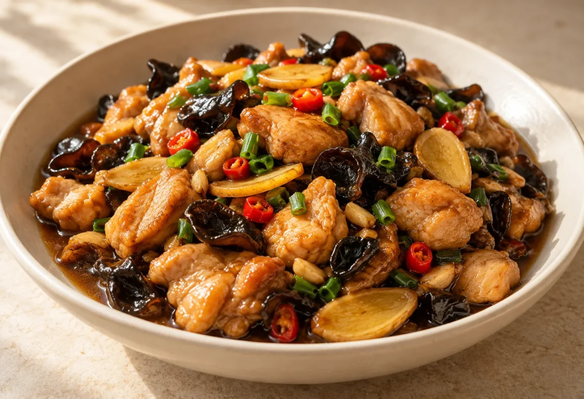 Ginger chicken served ready to eat.