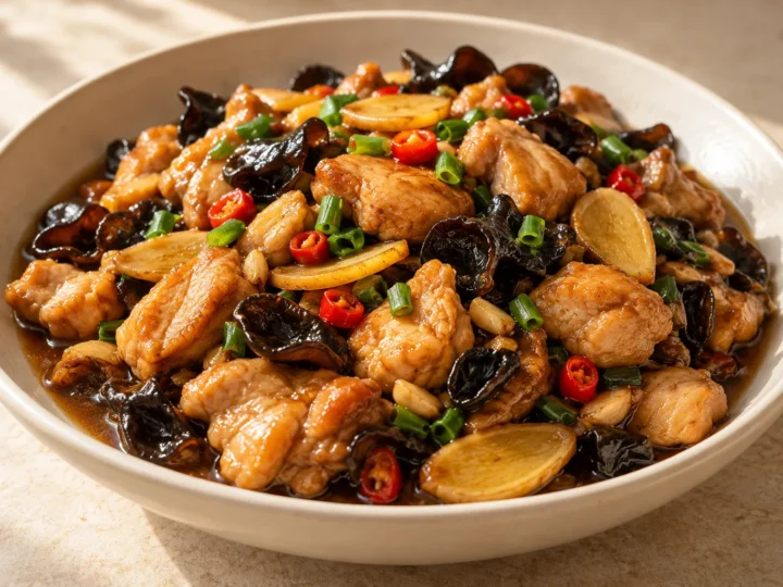 Ginger chicken served ready to eat.