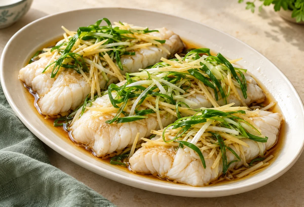 Ginger and spring-onion steamed fish served ready to eat.