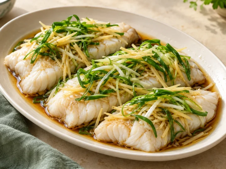 Ginger and spring-onion steamed fish served ready to eat.