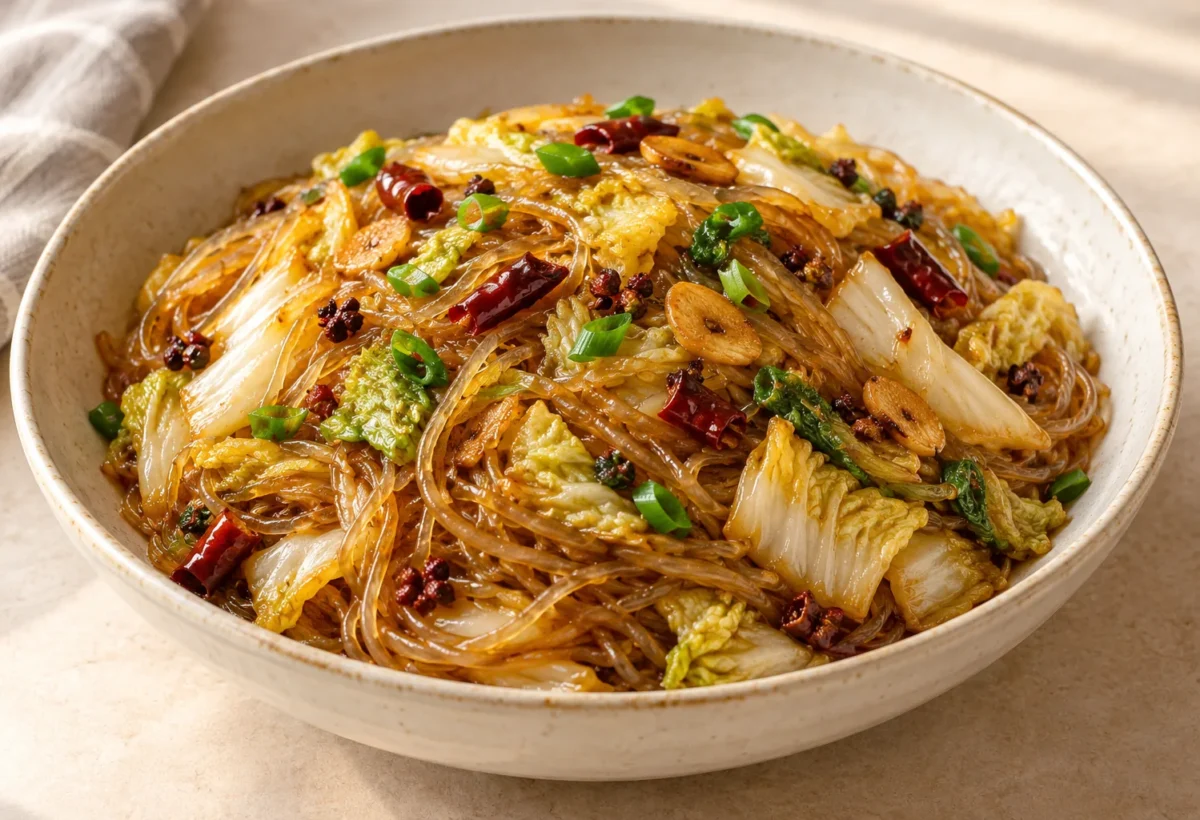 Glass noodles with Chinese leaf served ready to eat.