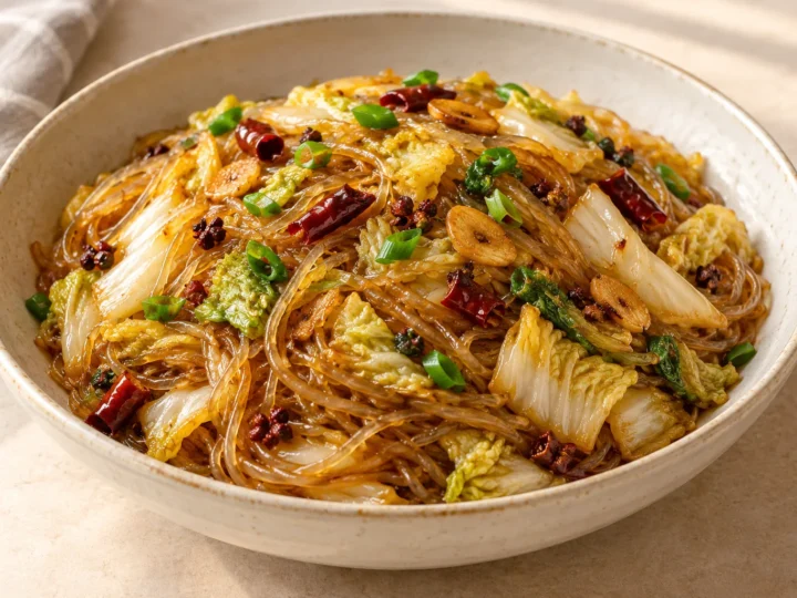 Glass noodles with Chinese leaf served ready to eat.