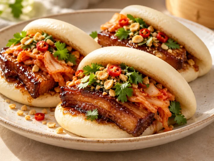 Gua bao pork belly buns served ready to eat.
