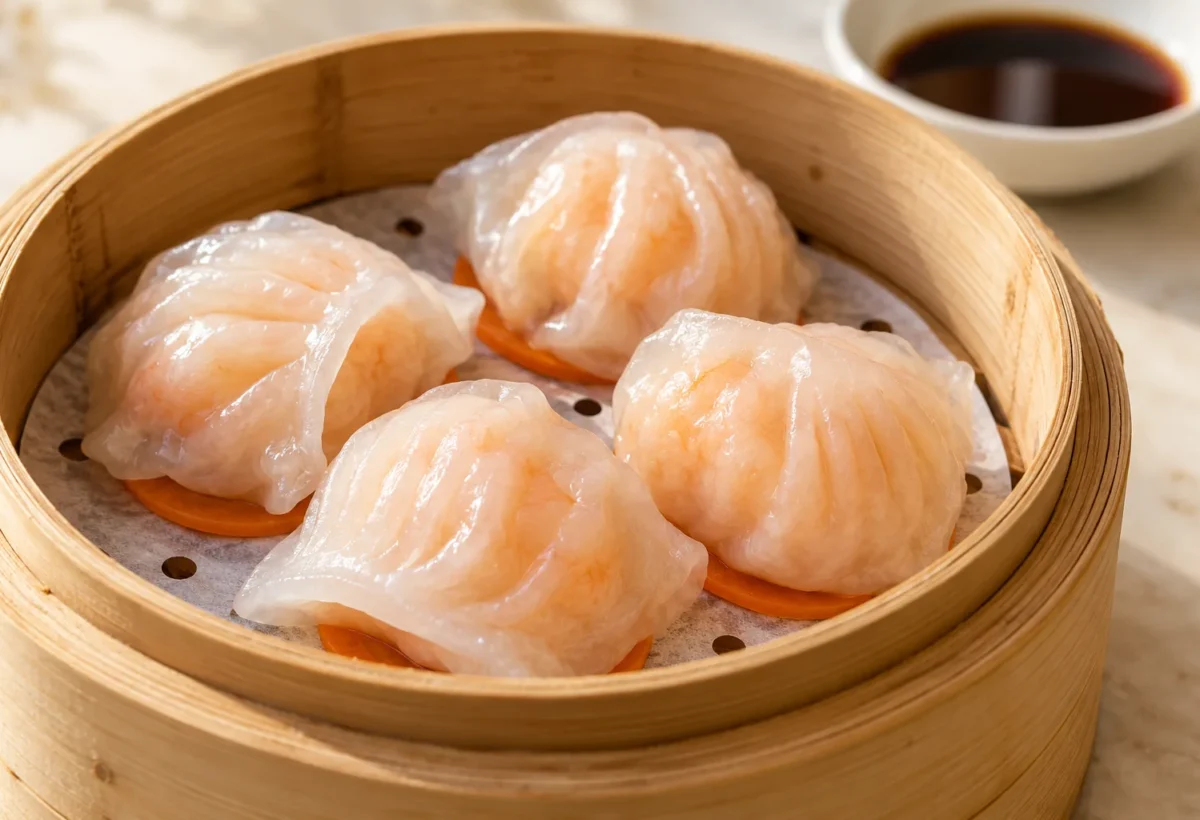 Har gow crystal prawn dumplings served ready to eat.