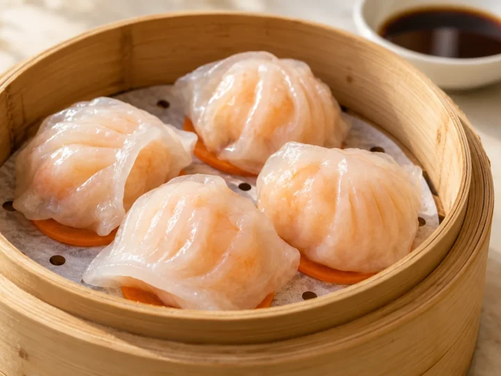 Har gow crystal prawn dumplings served ready to eat.