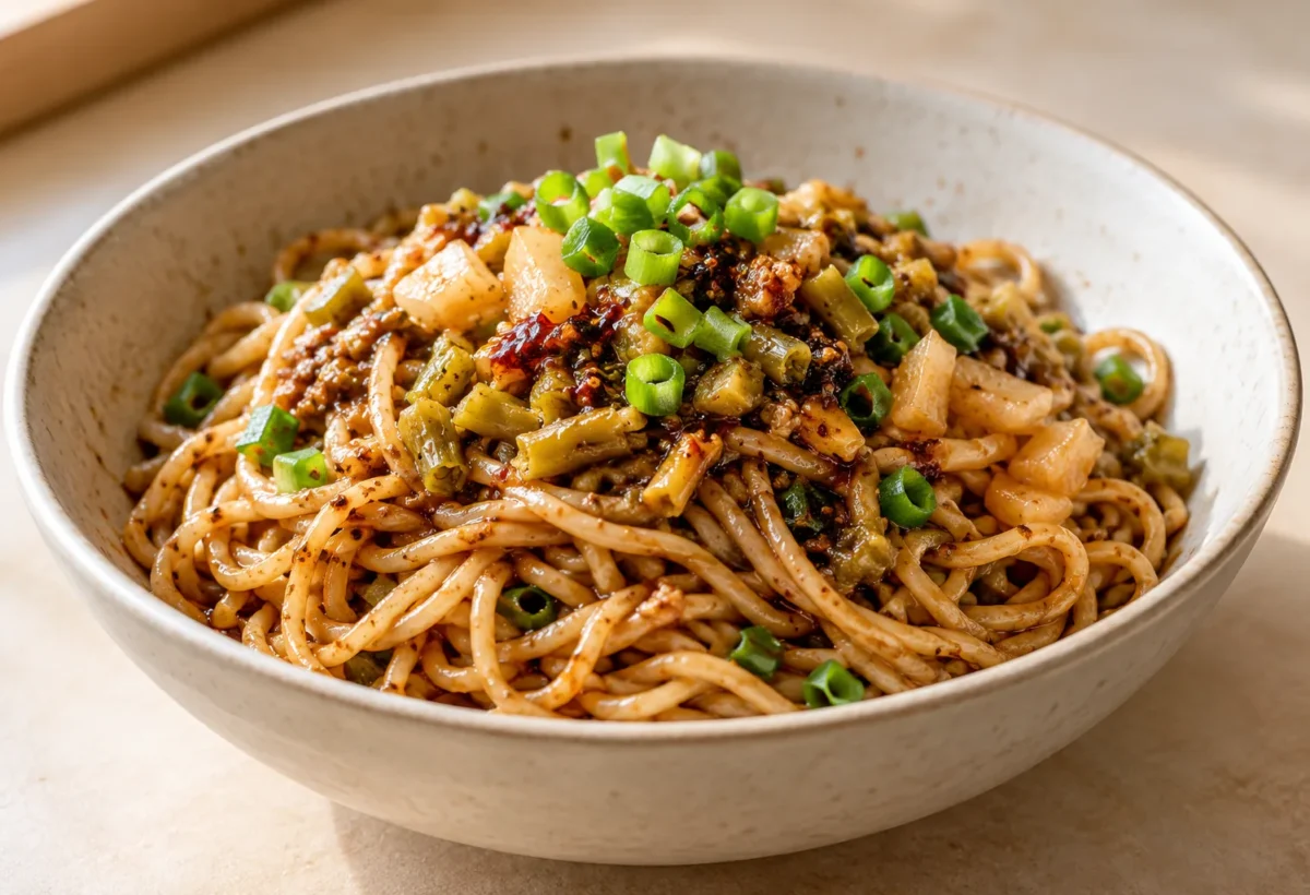 Wuhan hot dry noodles served ready to eat.