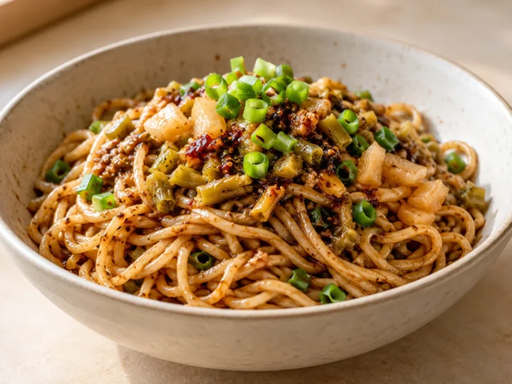 Wuhan hot dry noodles served ready to eat.