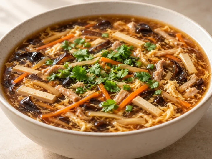 Hot and sour soup served ready to eat.