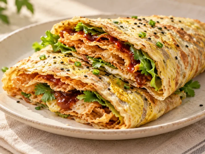 Jianbing breakfast crepes served ready to eat.