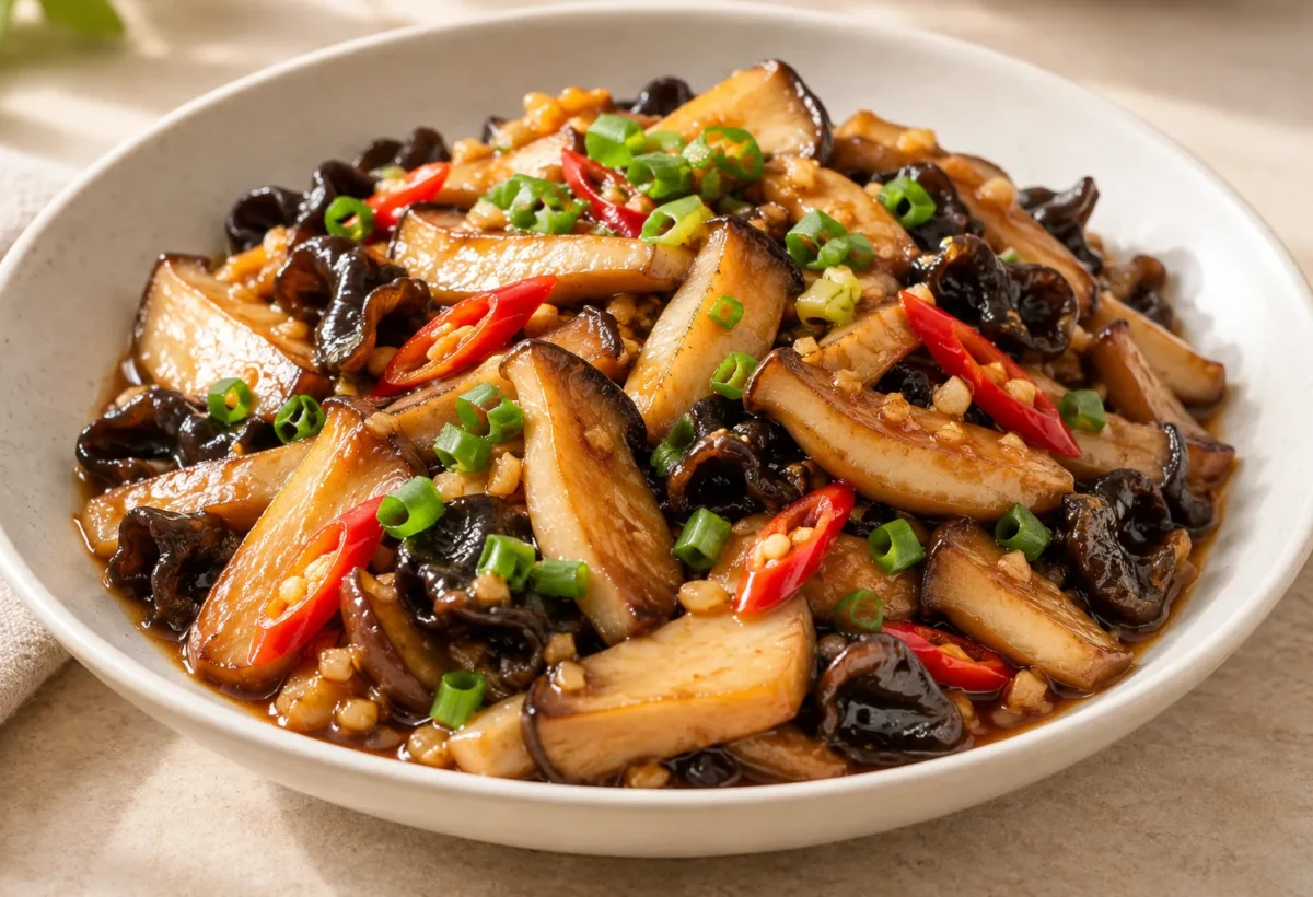 King oyster mushrooms in garlic sauce served ready to eat.