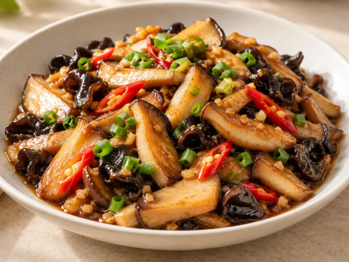 King oyster mushrooms in garlic sauce served ready to eat.