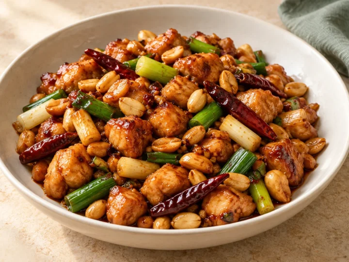 Kung pao chicken served ready to eat.