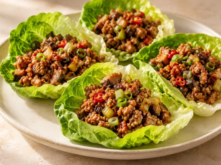 Sichuan-style lettuce wraps served ready to eat.